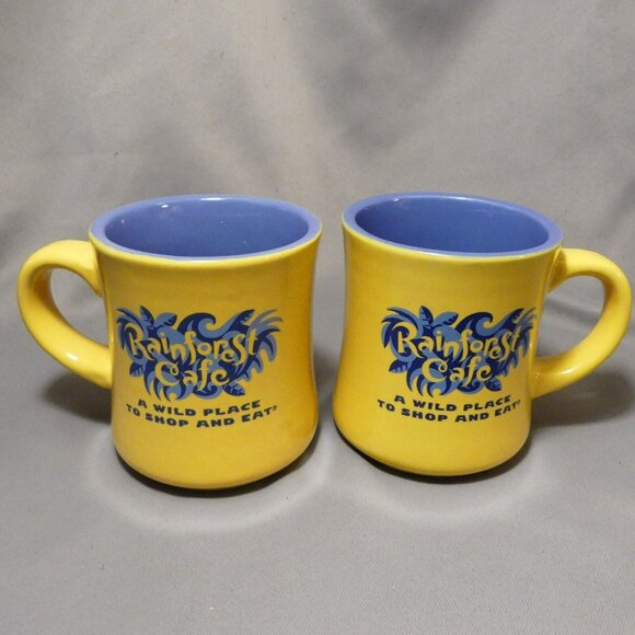 Rainforest Cafe A Wild Place to Shop and Eat Yellow and Blue 2 Coffee Mugs Heavy - Picture 2 of 12